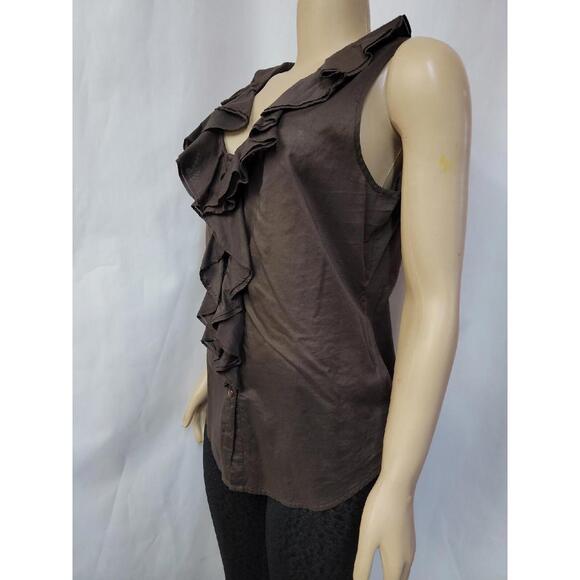 Oscar De La Renta, Size 14 Brown Buttons Up Ruffled Women's Top Blouse #R1 - Picture 2 of 10